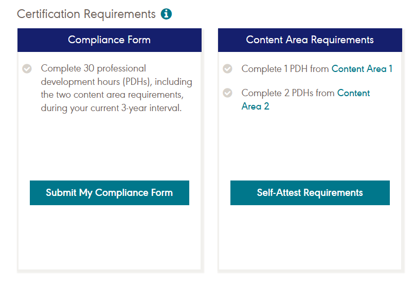 Certification Requirements showing Compliance Form and Content Area Requirements